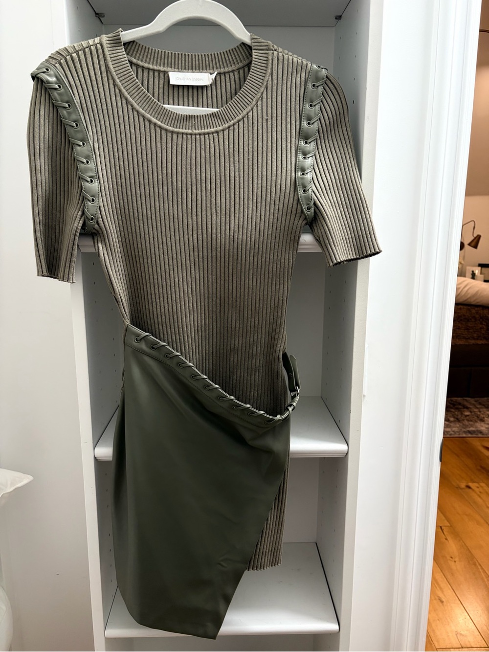 Jonathan Simkhai Olive Green Ribbed Midi Dress with Faux-Leather Wrap